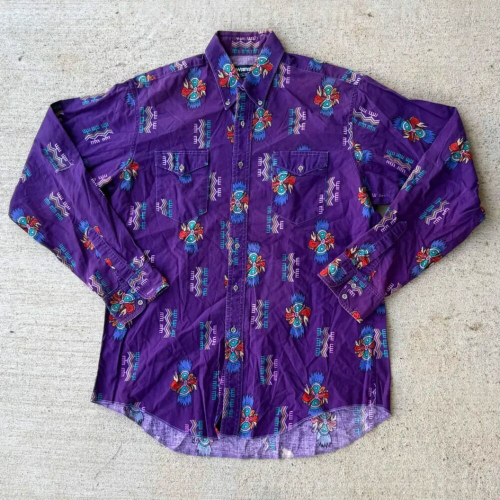 Vintage 90s Wrangler Cowboy Cut Southwestern Aztec Purple Long Sleeve Shirt 16.5